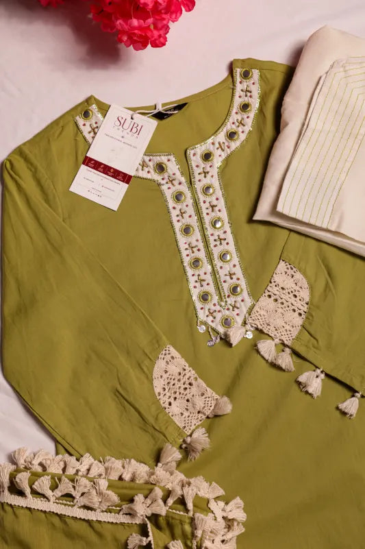 Olive Green Embroidered Kurta Set