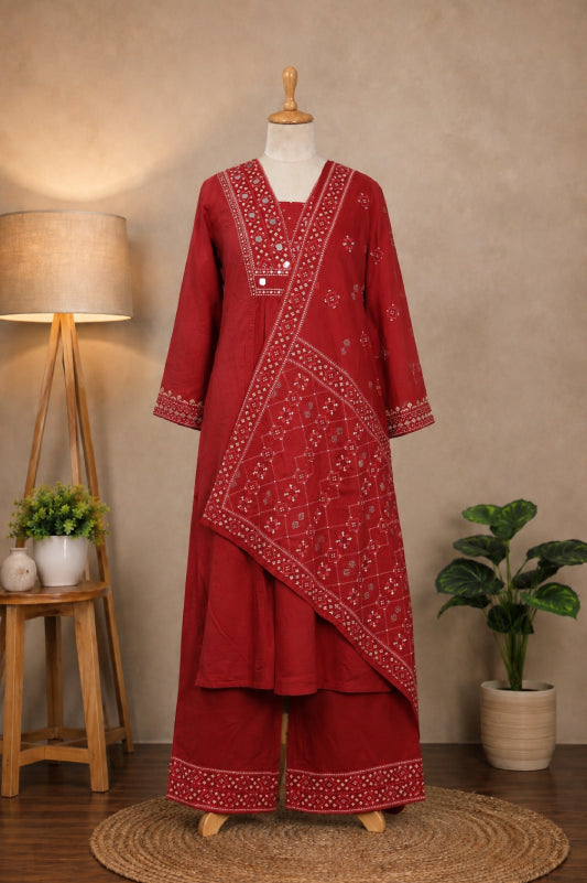 Red Bandhani Print Suit Set for Women