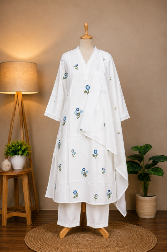 White Embroidered Kurta Set for Women