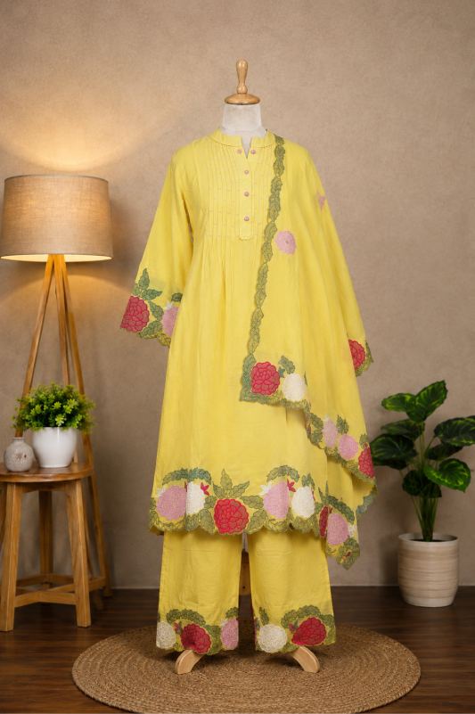 Yellow Floral Embroidered Cord Set
