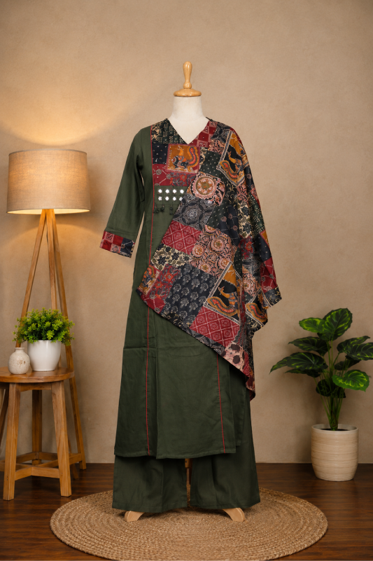 Olive Green Printed Kurta Set with Statement Dupatta