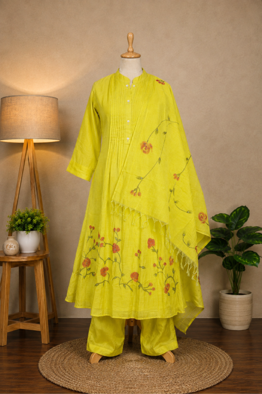 Yellow Floral Embroidered Suit Set
