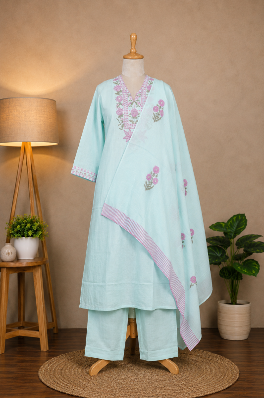 Pastel Blue Embroidered Kurta Set