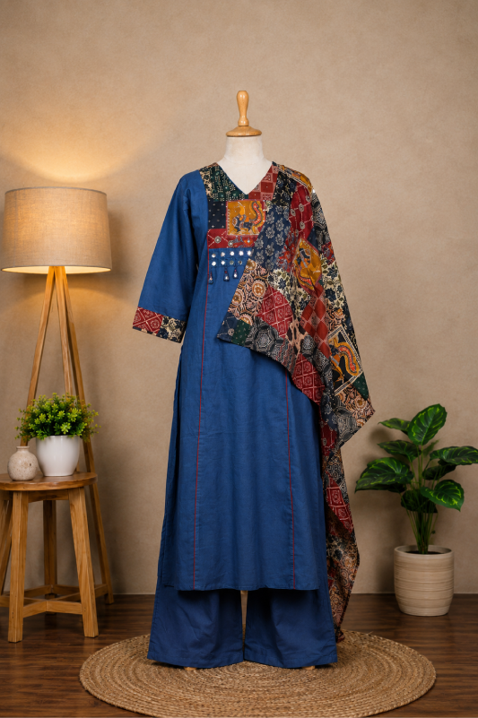 Navy Blue Printed Suit Set with Statement Dupatta
