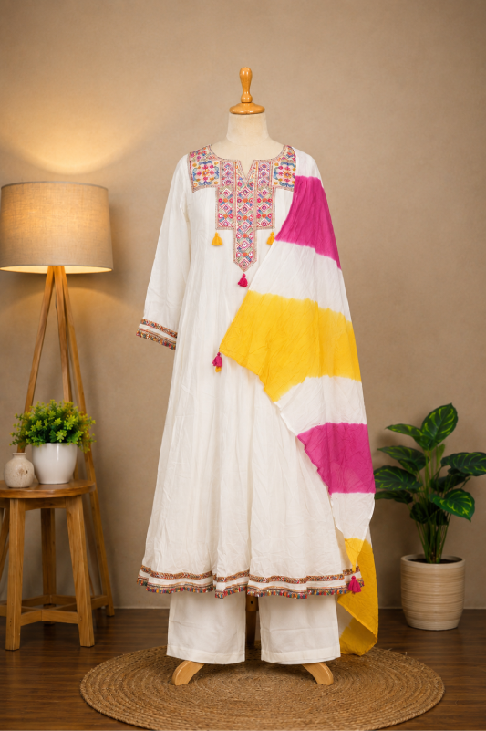 Off-White Mul-Cotton Anarkali Set with Dupatta