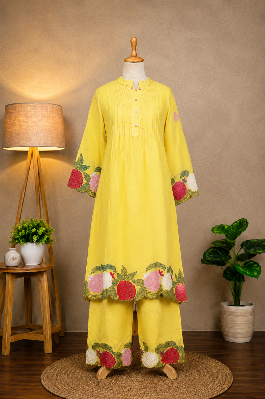 Yellow Floral Embroidered Cord Set