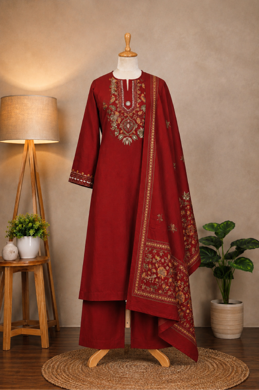 Maroon Floral Embroidered Suit Set