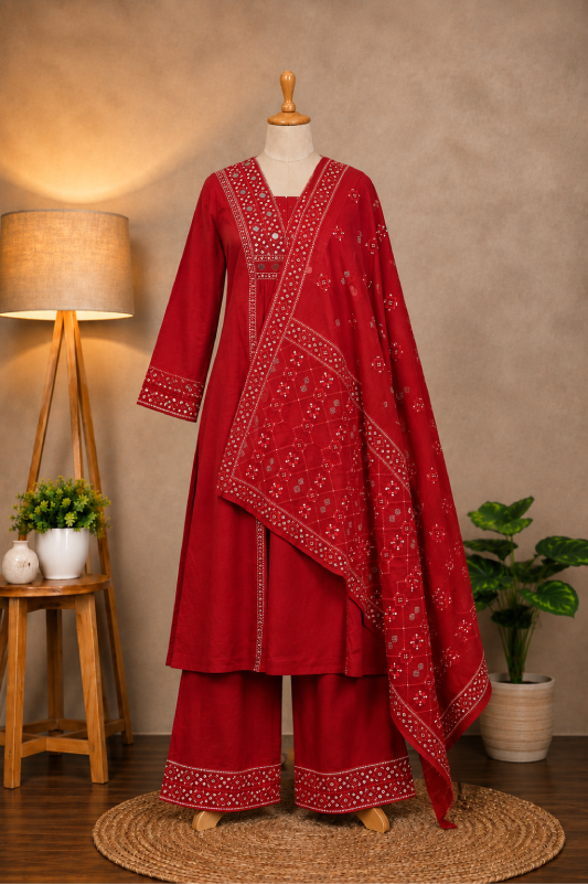 Red Bandhani Print Suit Set