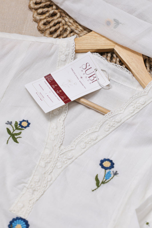 White Cotton Kurta Set With Blue Floral Embroidered