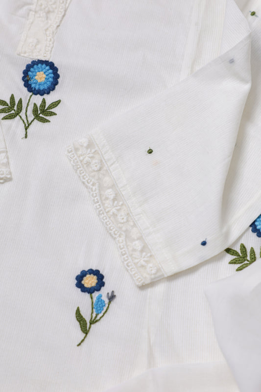 White Cotton Kurta Set With Blue Floral Embroidered