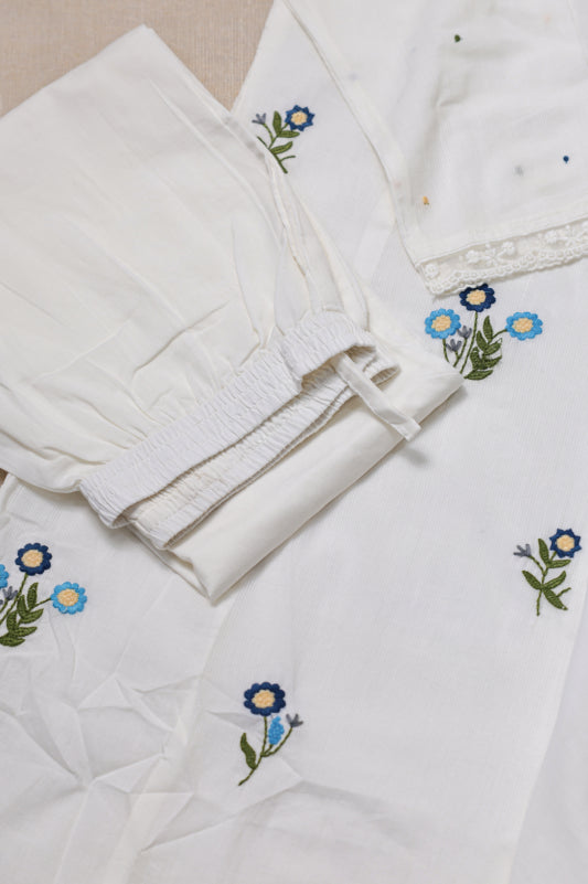 White Cotton Kurta Set With Blue Floral Embroidered