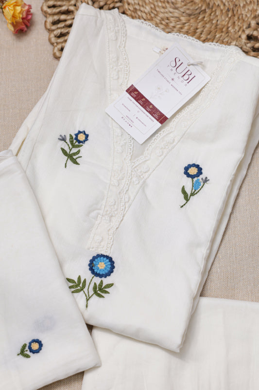 White Cotton Kurta Set With Blue Floral Embroidered