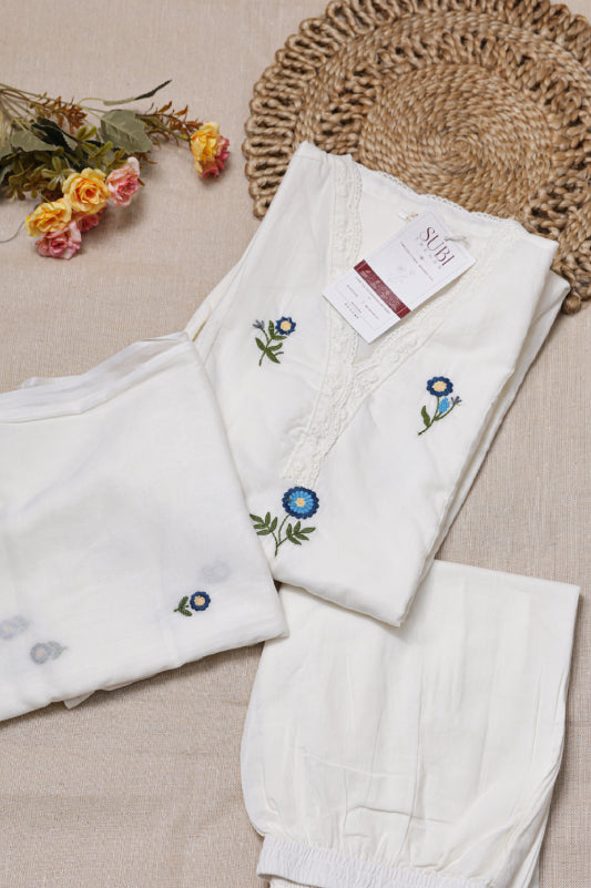 White Cotton Kurta Set With Blue Floral Embroidered