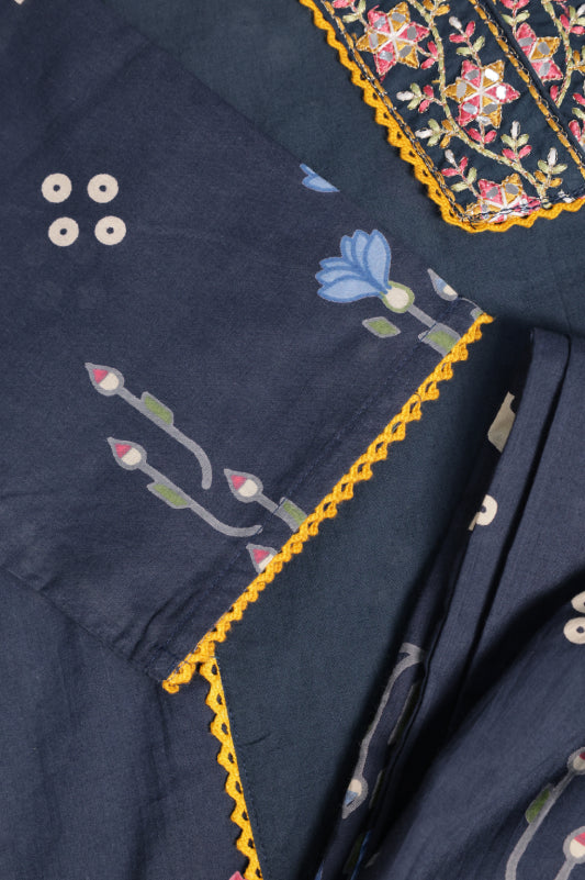 Navy Blue Printed 3-Piece Ethnic Kurta Set