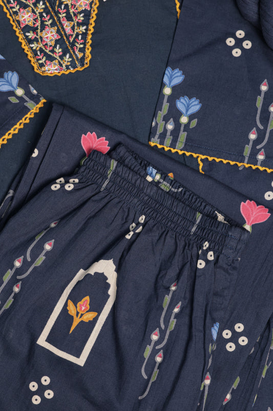 Navy Blue Printed 3-Piece Ethnic Kurta Set