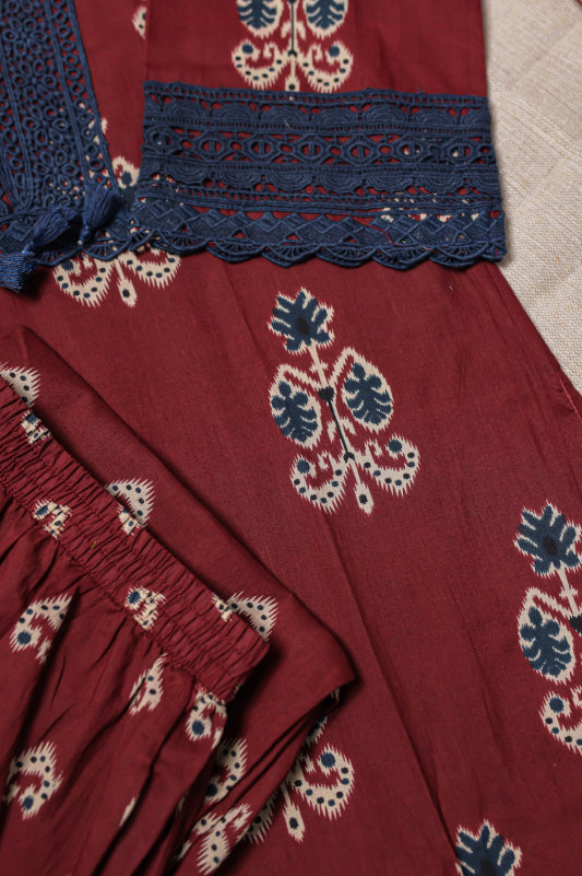 Maroon Floral Block-Print Cotton Kurta Set