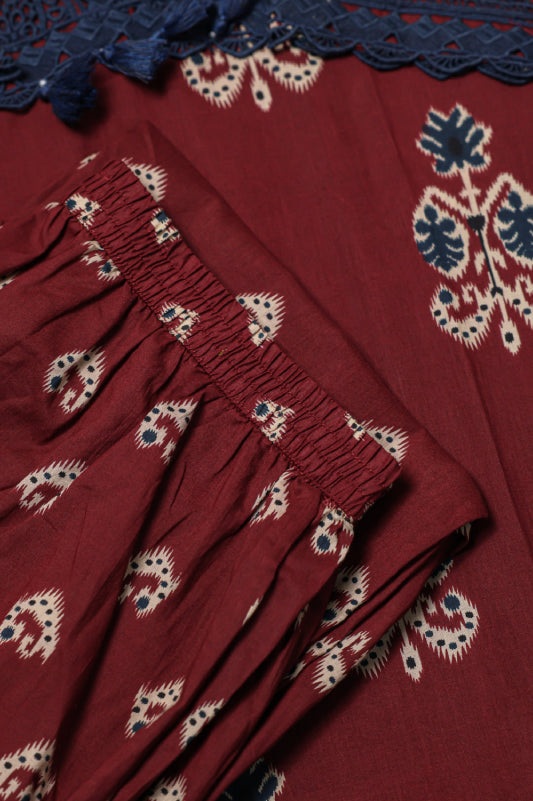Maroon Floral Block-Print Cotton Kurta Set
