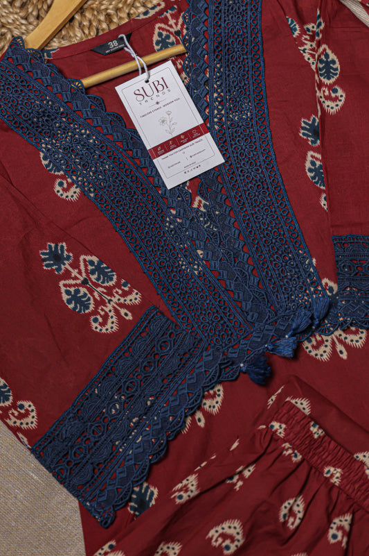 Maroon Floral Block-Print Cotton Kurta Set