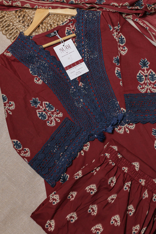 Maroon Floral Block-Print Cotton Kurta Set