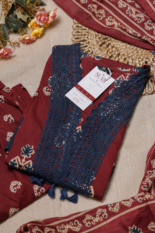 Maroon Floral Block-Print Cotton Kurta Set