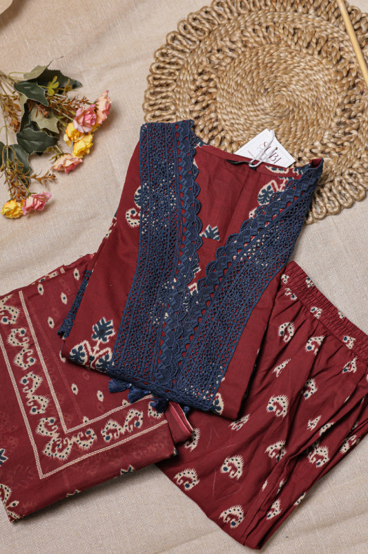 Maroon Floral Block-Print Cotton Kurta Set