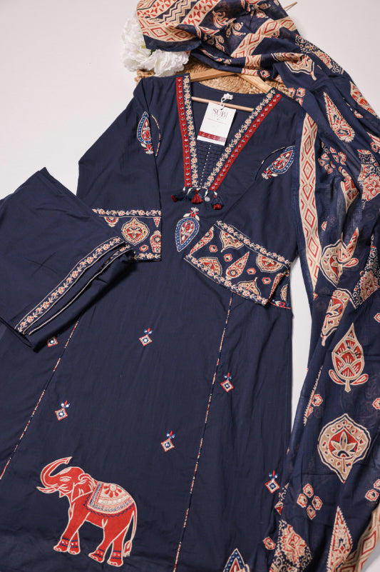 Navy Blue Cotton Kurta Pant Set with Printed Dupatta