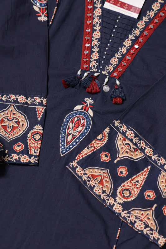 Navy Blue Cotton Kurta Pant Set with Printed Dupatta