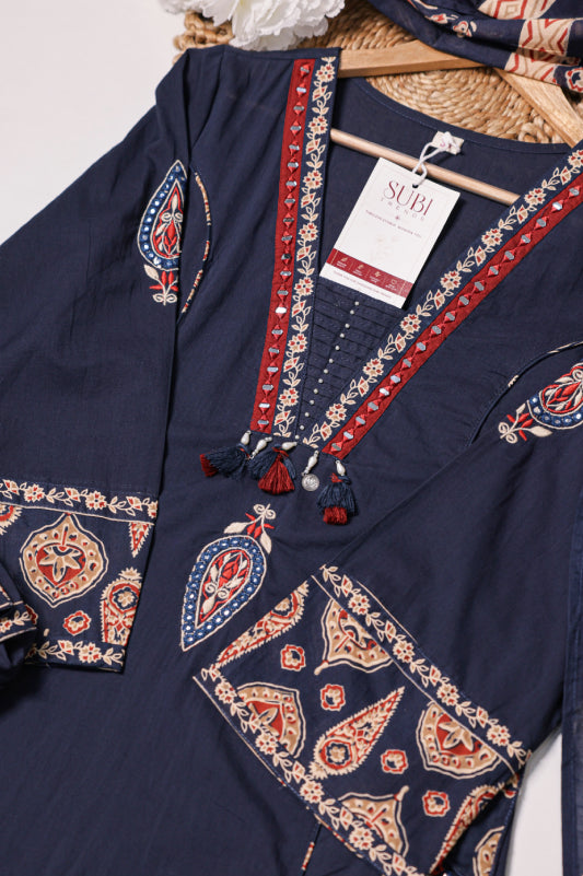 Navy Blue Cotton Kurta Pant Set with Printed Dupatta