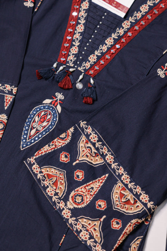 Navy Blue Cotton Kurta Pant Set with Printed Dupatta