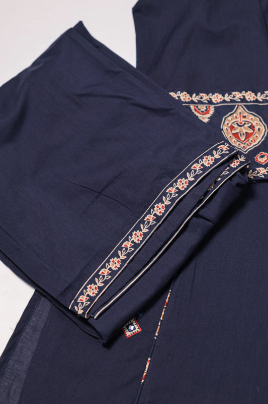 Navy Blue Cotton Kurta Pant Set with Printed Dupatta