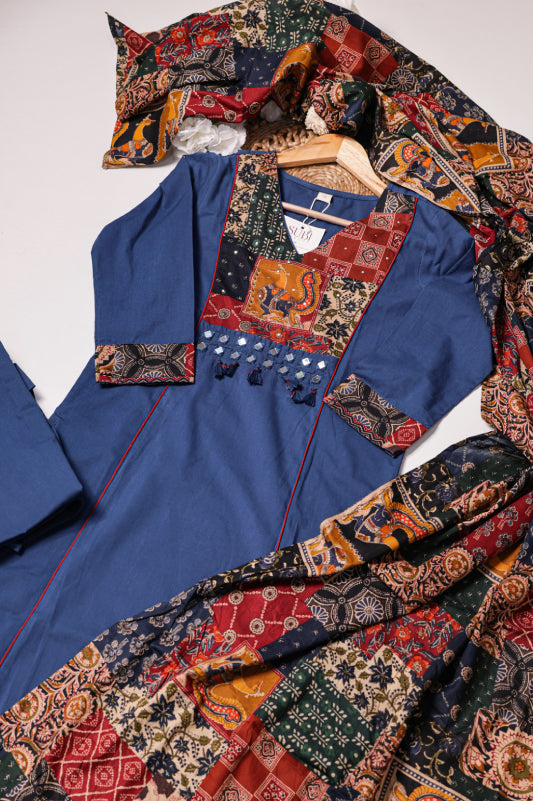 Navy Blue Printed Suit Set with Statement Dupatta