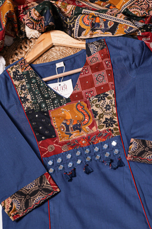 Navy Blue Printed Suit Set with Statement Dupatta