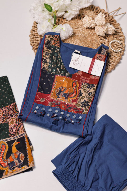 Navy Blue Printed Suit Set with Statement Dupatta