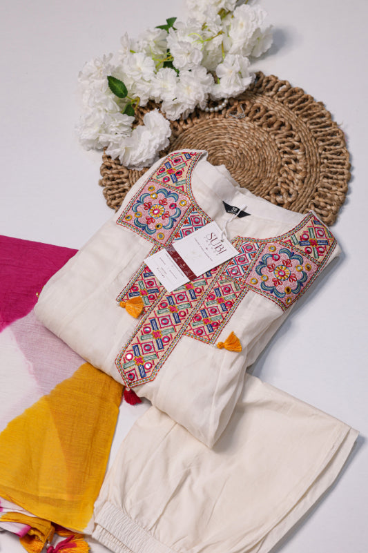 Off-White Mul-Cotton Anarkali Set with Dupatta