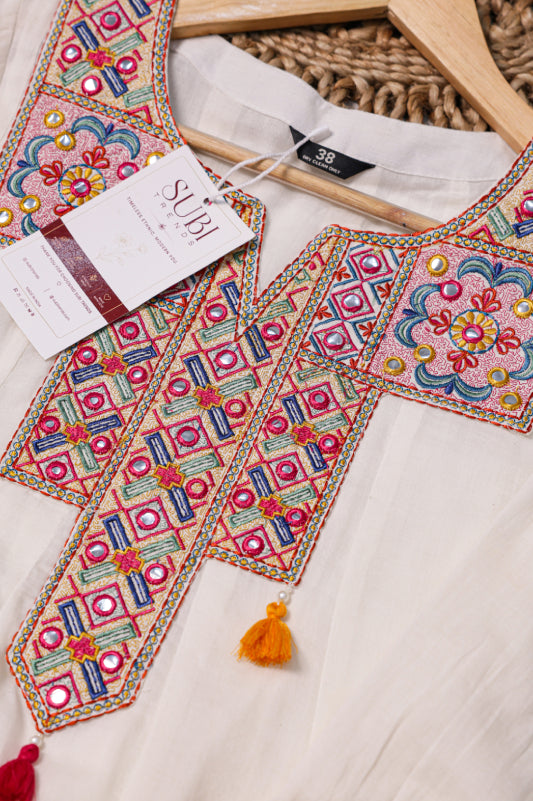 Off-White Mul-Cotton Anarkali Set with Dupatta