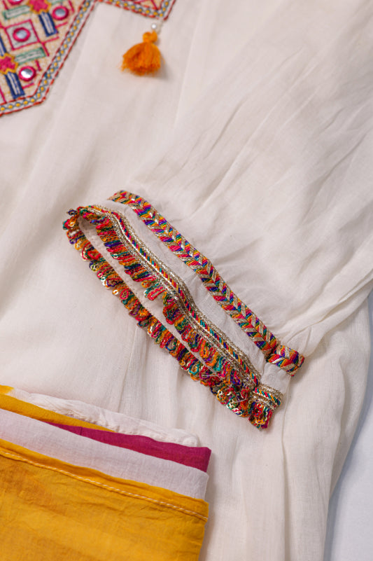 Off-White Mul-Cotton Anarkali Set with Dupatta
