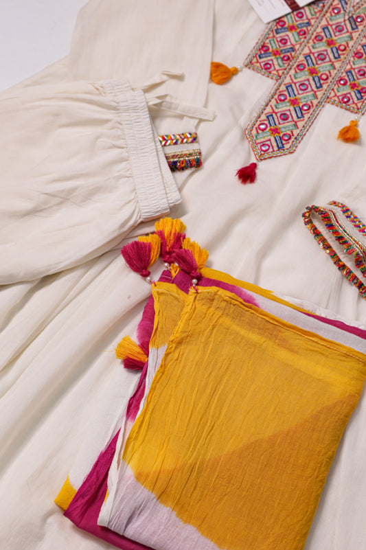 Off-White Mul-Cotton Anarkali Set with Dupatta
