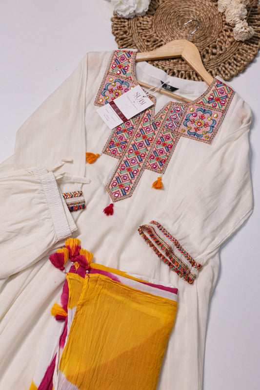 Off-White Mul-Cotton Anarkali Set with Dupatta