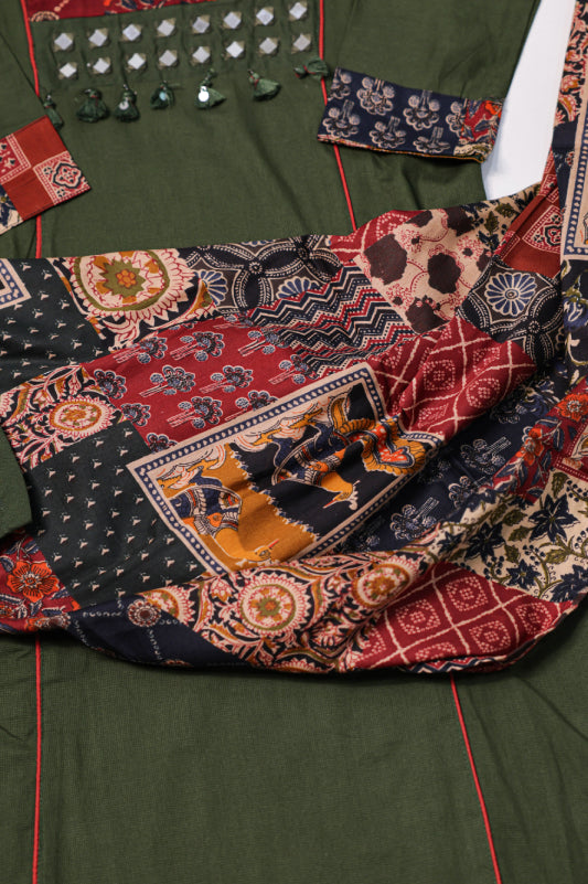 Olive Green Printed Kurta Set with Statement Dupatta