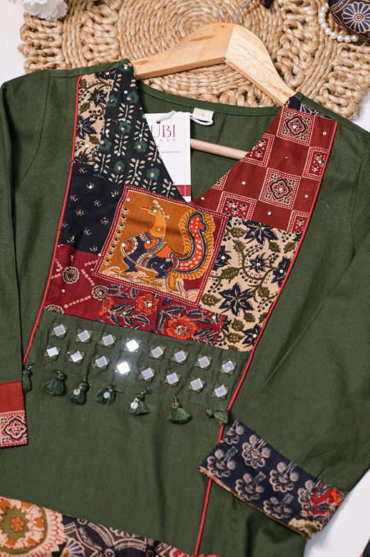 Olive Green Printed Kurta Set with Statement Dupatta