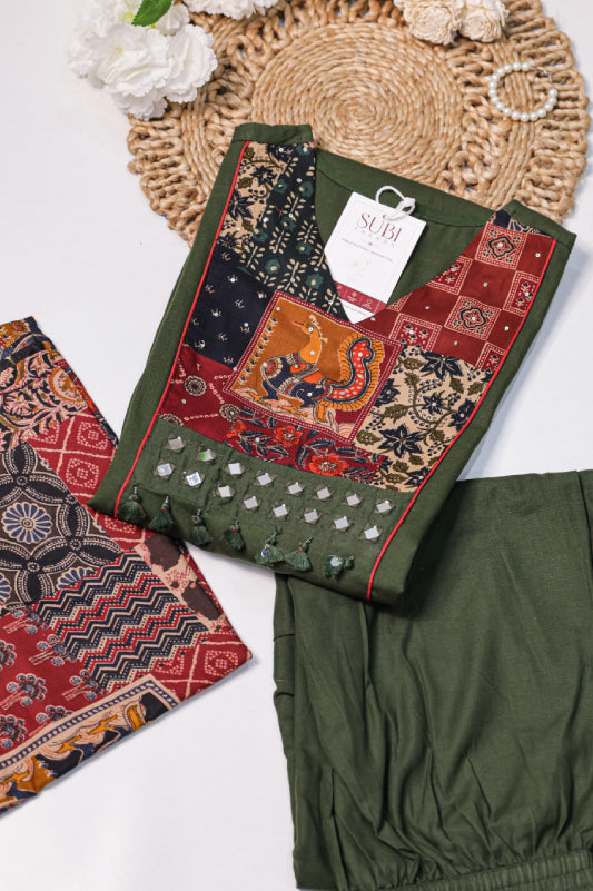 Olive Green Printed Kurta Set with Statement Dupatta