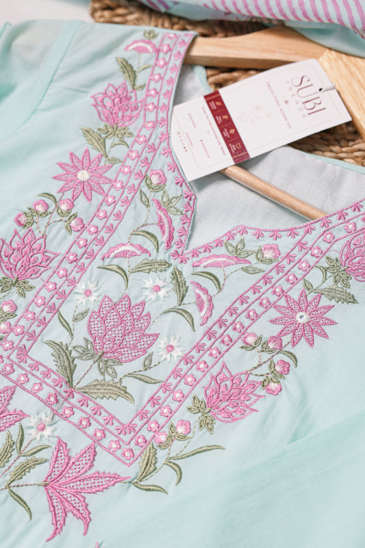 Pastel Blue Kurta Set with Embroidered Neck Panel