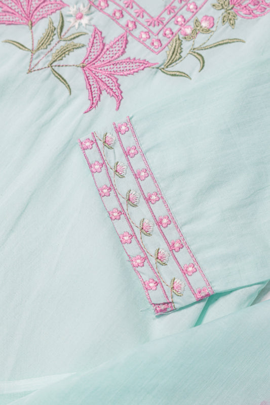 Pastel Blue Kurta Set with Embroidered Neck Panel