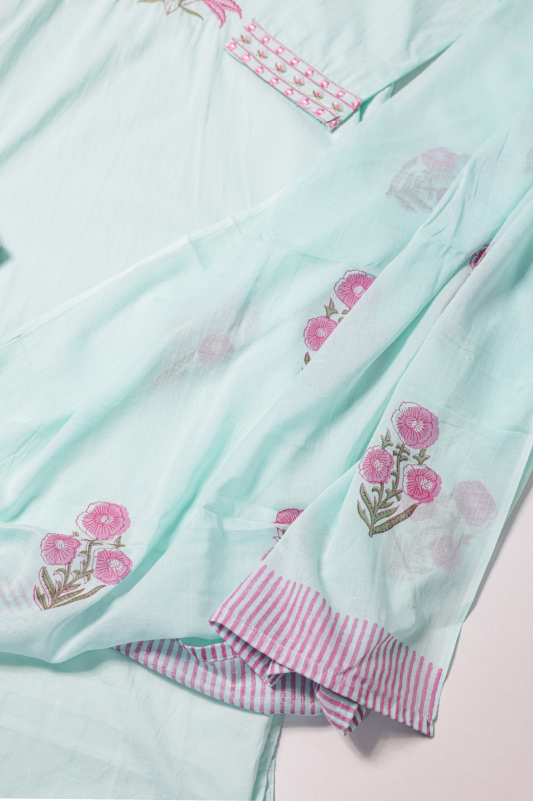 Pastel Blue Kurta Set with Embroidered Neck Panel