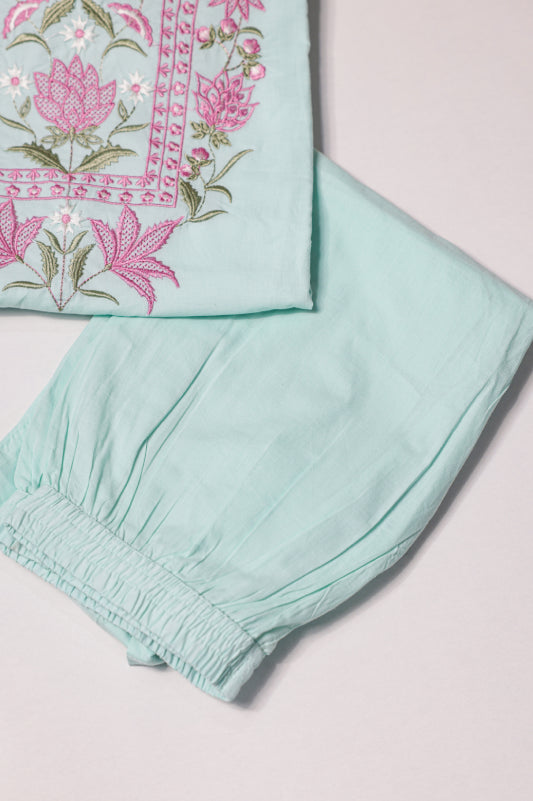 Pastel Blue Kurta Set with Embroidered Neck Panel