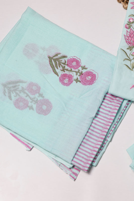 Pastel Blue Kurta Set with Embroidered Neck Panel