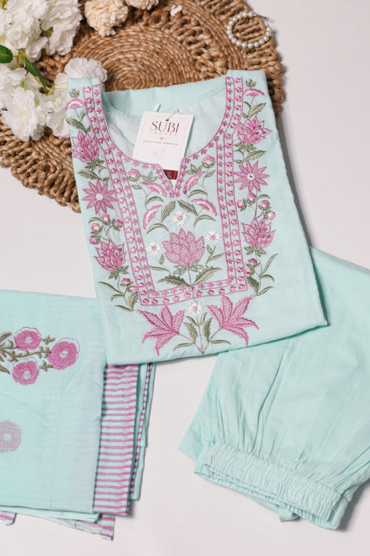 Pastel Blue Kurta Set with Embroidered Neck Panel