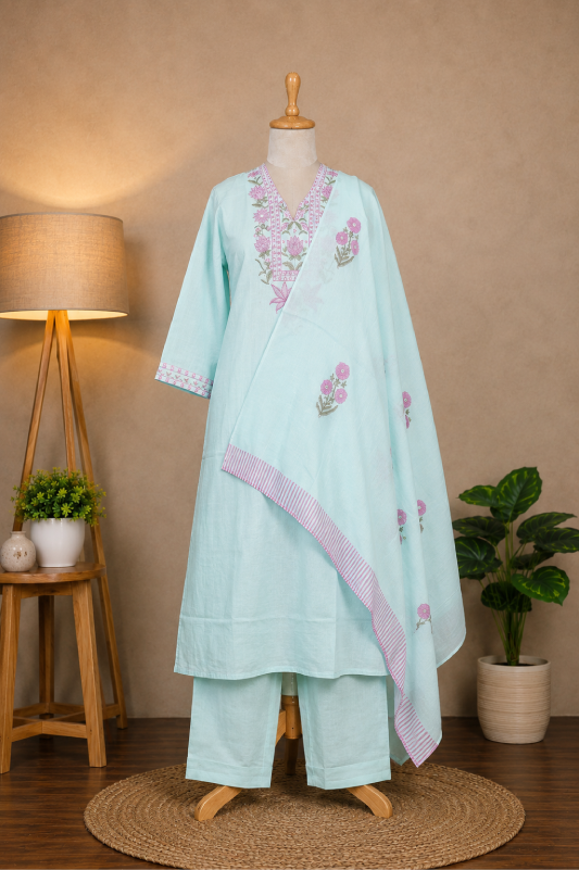 Pastel Blue Kurta Set with Embroidered Neck Panel