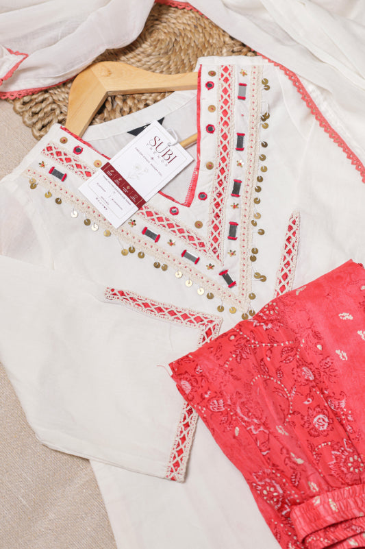 White & Coral Suit Set