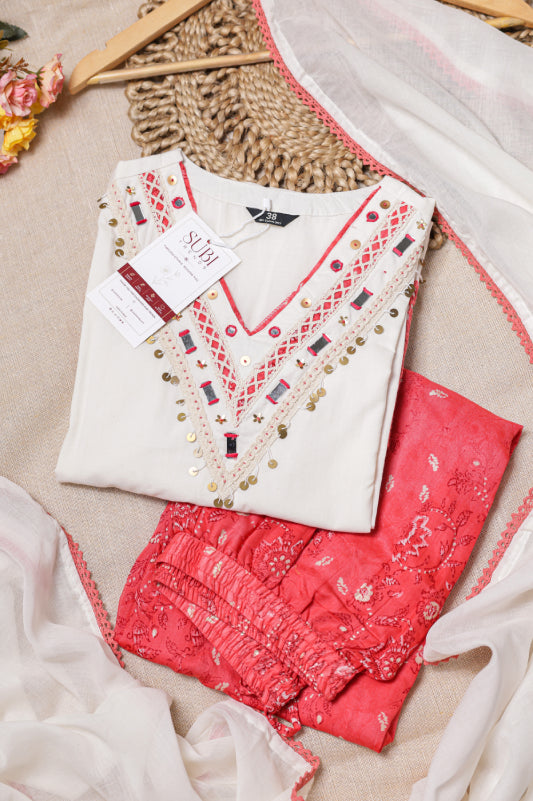 White & Coral Suit Set
